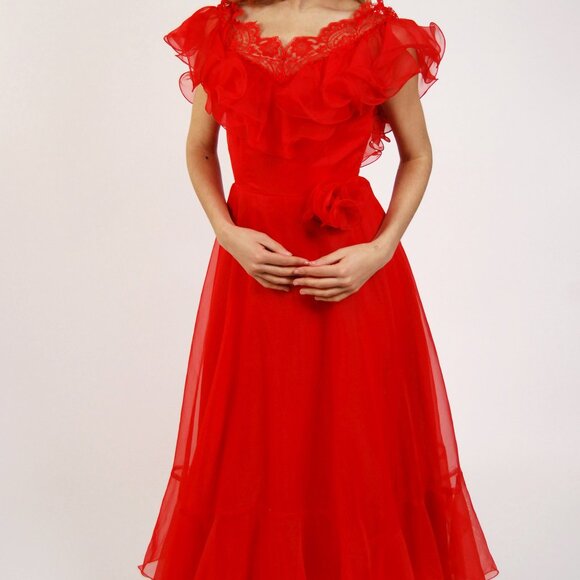 60s Chiffon Gown (XS) vintage red evening dress ruffle prom frilly sheer witch - Picture 2 of 8